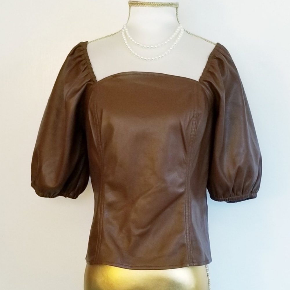 Marc New York Andrew Marc Faux Leather Puff Sleeve Top in Pecan Brown NWT